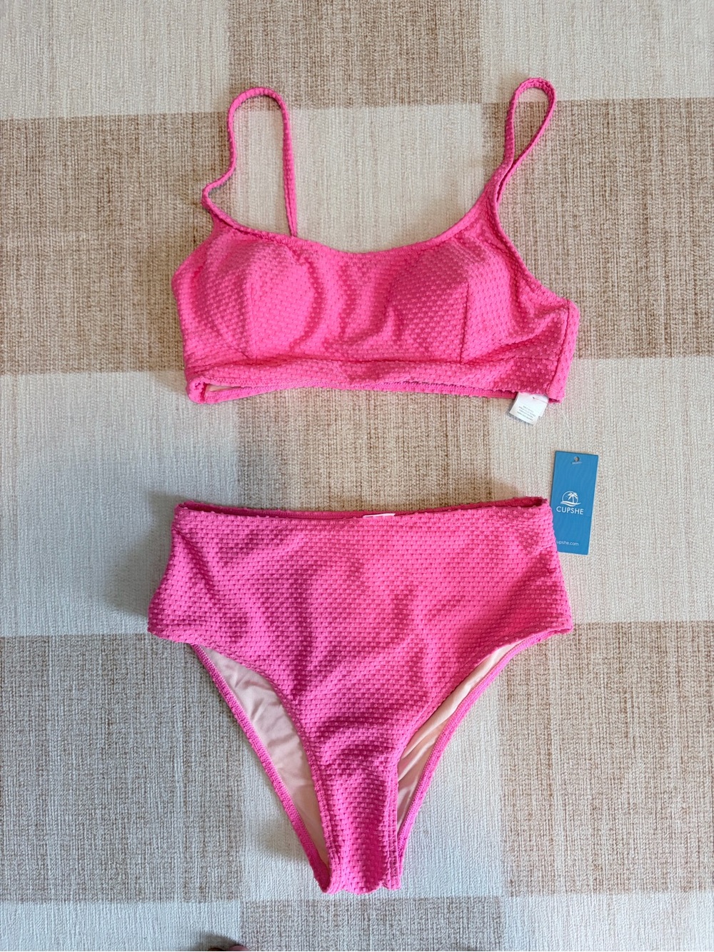 Cupshe Hot Pink Textured High-Waist Bikini Set